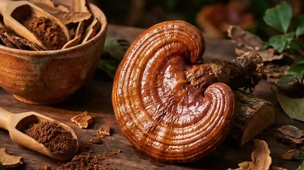 Champignon reishi seche et en poudre - proprietes adaptogenes et bienfaits sante