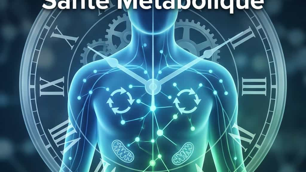 Illustration du jeûne intermittent montrant l'horloge biologique et les processus métaboliques cellulaires