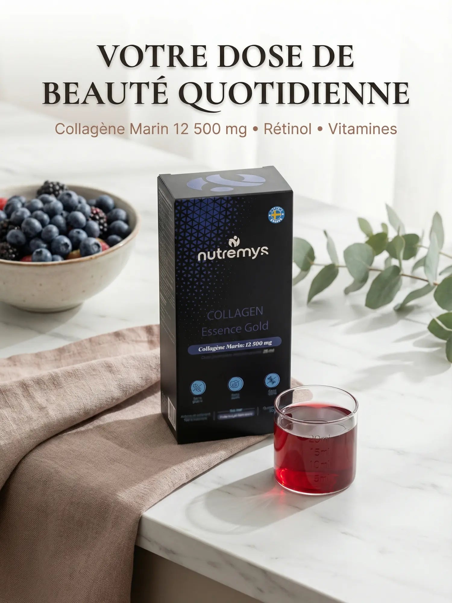 Collagen Essence Gold – Formule Anti-Âge Ultime (Collagène Marin 12 500 mg & Rétinol) Nutremys