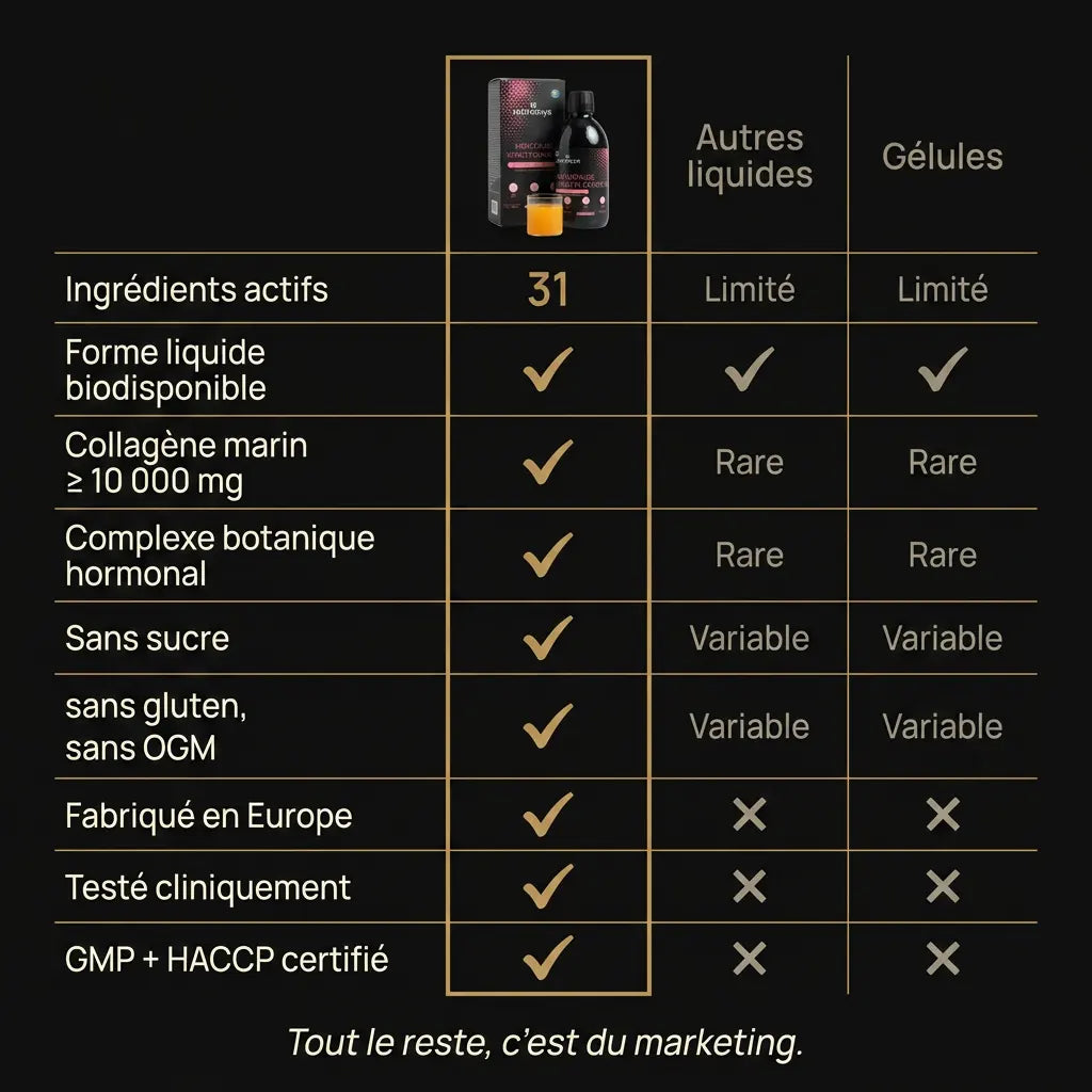 Comparatif Menopause Vitality Complex vs autres liquides et gélules · 31 ingrédients actifs · testé cliniquement │ Nutremys LAB