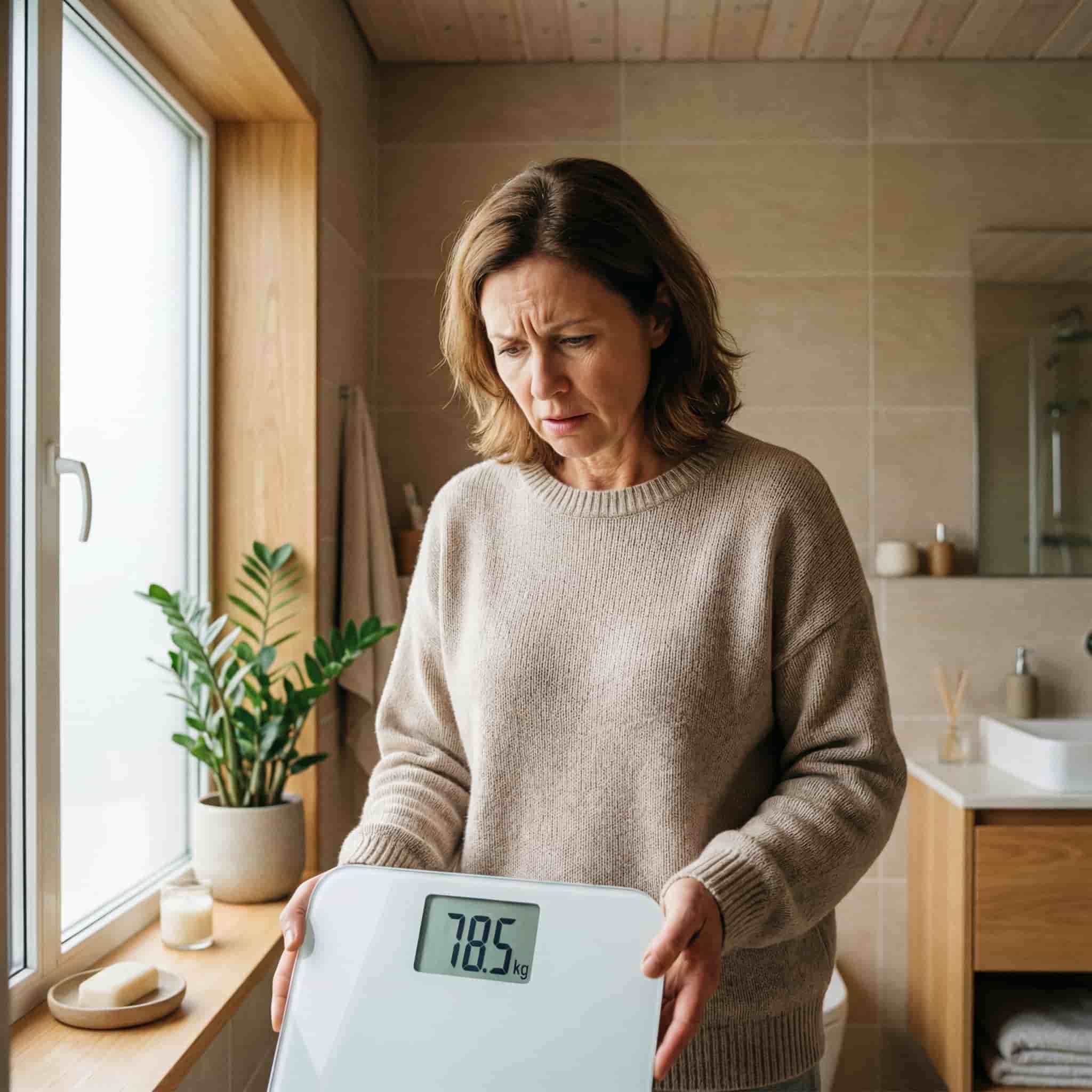 Femme frustree sur une balance - erreurs courantes qui sabotent la perte de poids