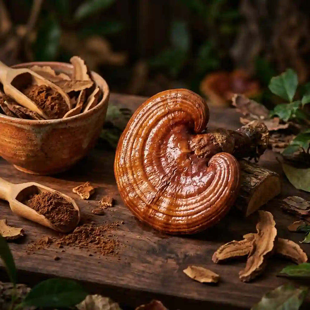Champignon reishi seche et en poudre - proprietes adaptogenes et bienfaits sante