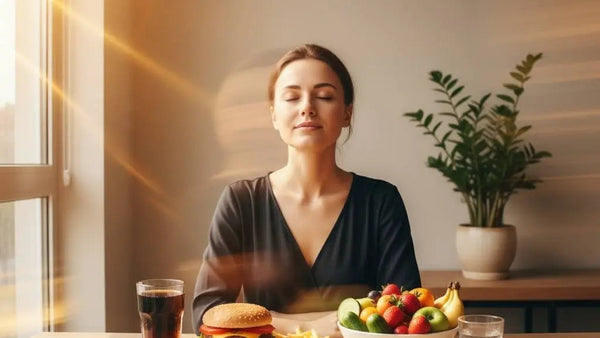 Mujer moderna reflexionando sobre alimentacion y salud mental - Nutremys