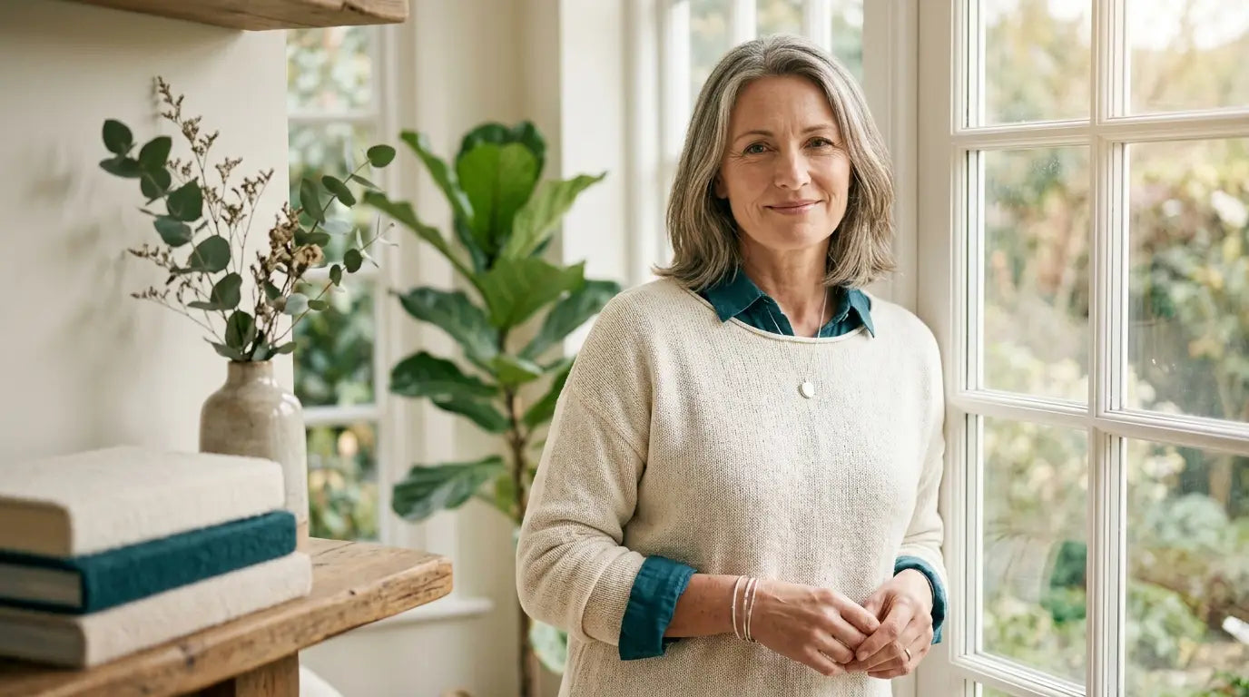 Femme épanouie de 50 ans en pleine vitalité — ménopause, symptômes et solutions naturelles
