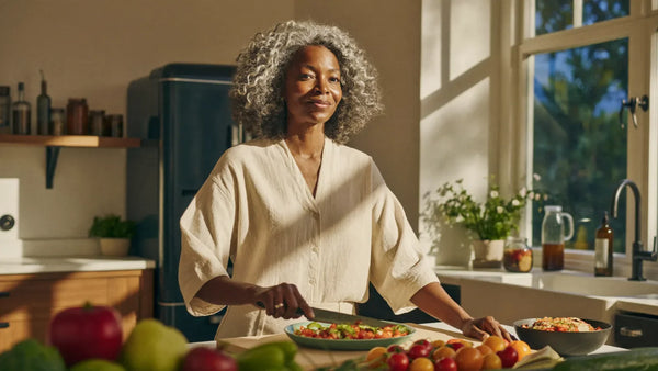 Femme de 52 ans sereine en cuisine lumineuse, comprendre et soulager le ventre gonflé à la ménopause