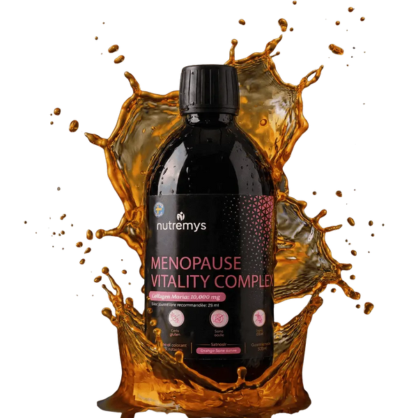 Menopause Vitality Complex · Complément liquide 9 en 1 ménopause et périménopause · Collagène marin 10 000mg · Nutremys LAB