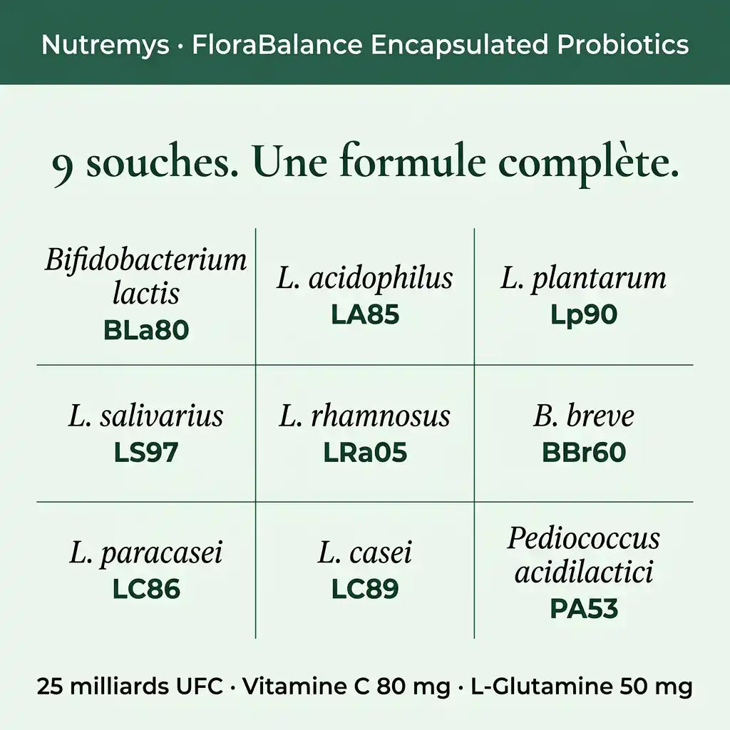 FloraBalance Encapsulated Probiotics – Probiotiques Liquides 25¹⁰ UFC - Nutremys LAB