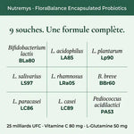 FloraBalance Probiotics · 9 souches probiotiques vegan individuellement microencapsulees
