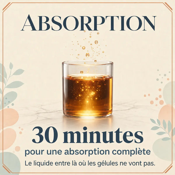 Absorption complète en 30 minutes du complément liquide Menopause Vitality Complex Nutremys pour la ménopause