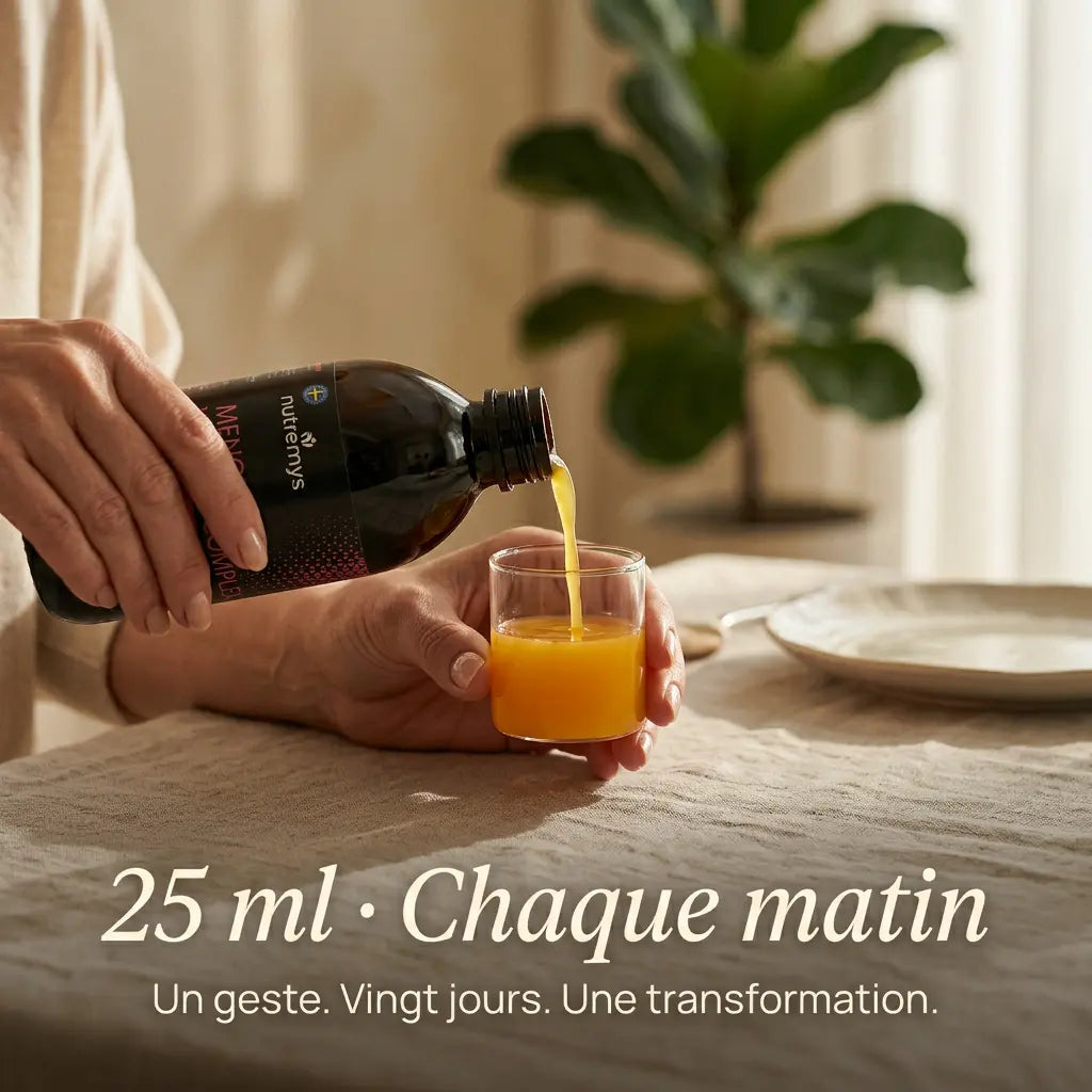 Menopause Vitality Complex · rituel matin 25ml · 25 ml plus efficace que 25 capsules · formule liquide biodisponible │ Nutremys LAB