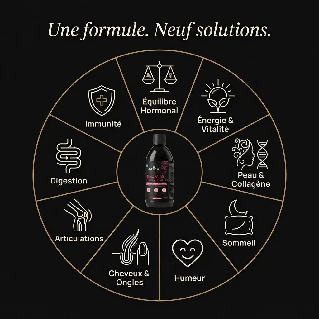 Menopause Vitality Complex formule 9-en-1 · équilibre hormonal énergie peau sommeil humeur cheveux articulations digestion immunité │ Nutremys LAB