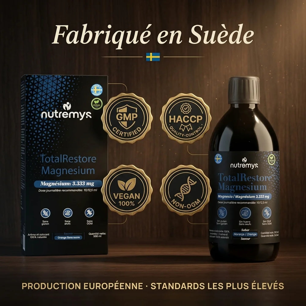 TotalRestore Magnésium fabriqué en Suède, certifié GMP, HACCP, Vegan et Non-OGM