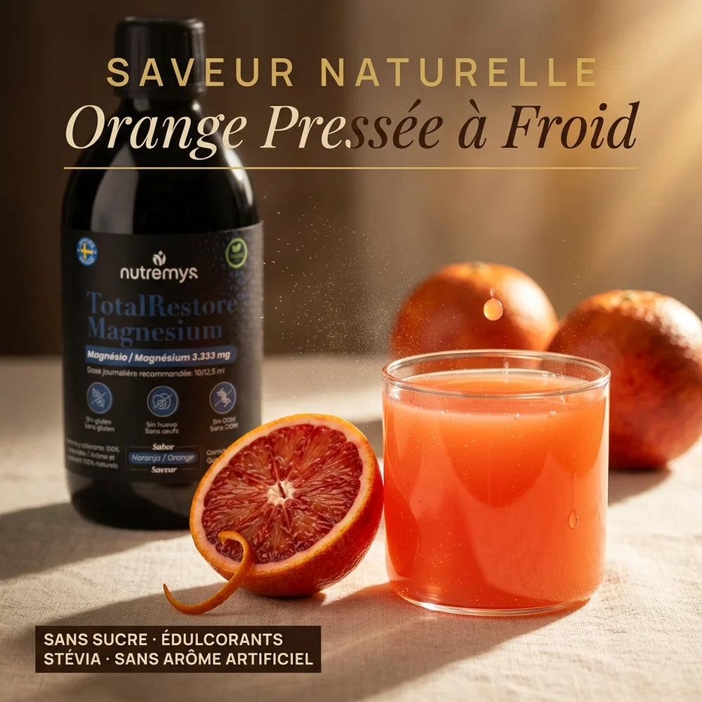 Verre de TotalRestore Magnésium saveur orange naturelle sans sucre, prêt à boire